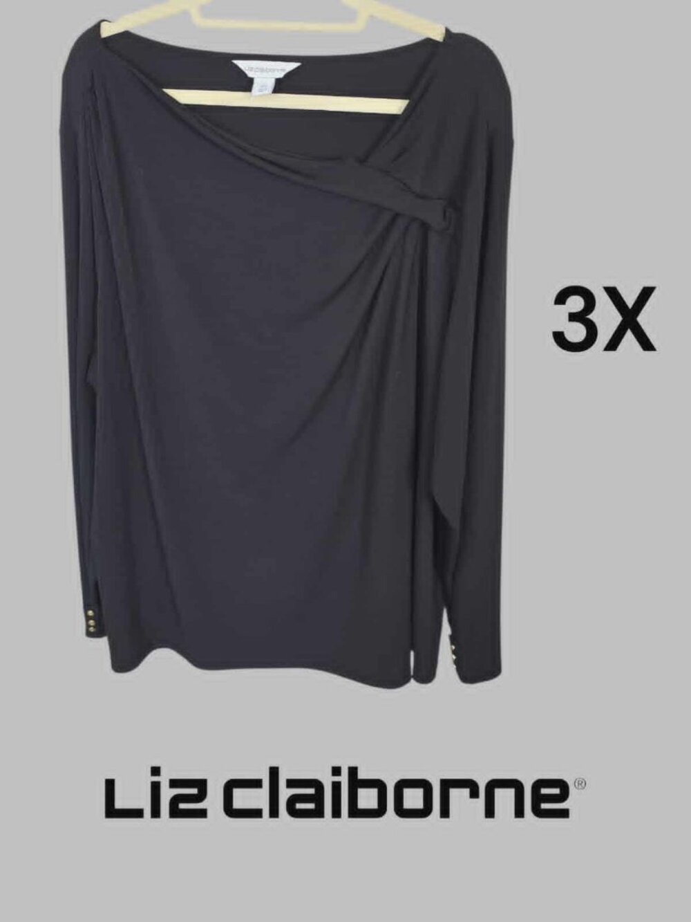 Liz Claibrone Black Asymmetrical Neck Longsleeve Blouse Top Womens Plus 3X